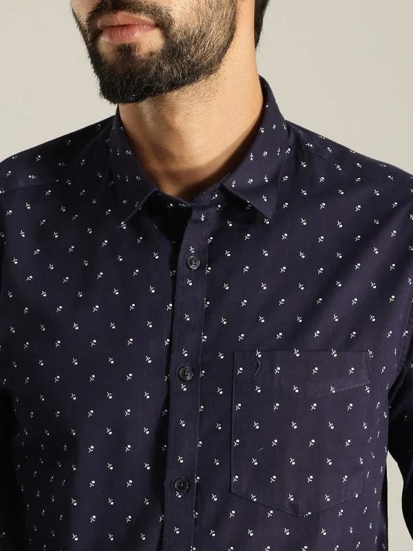 Indian Terrain Men's Slim Fit Full Sleeve All Over Print Navy Shirt